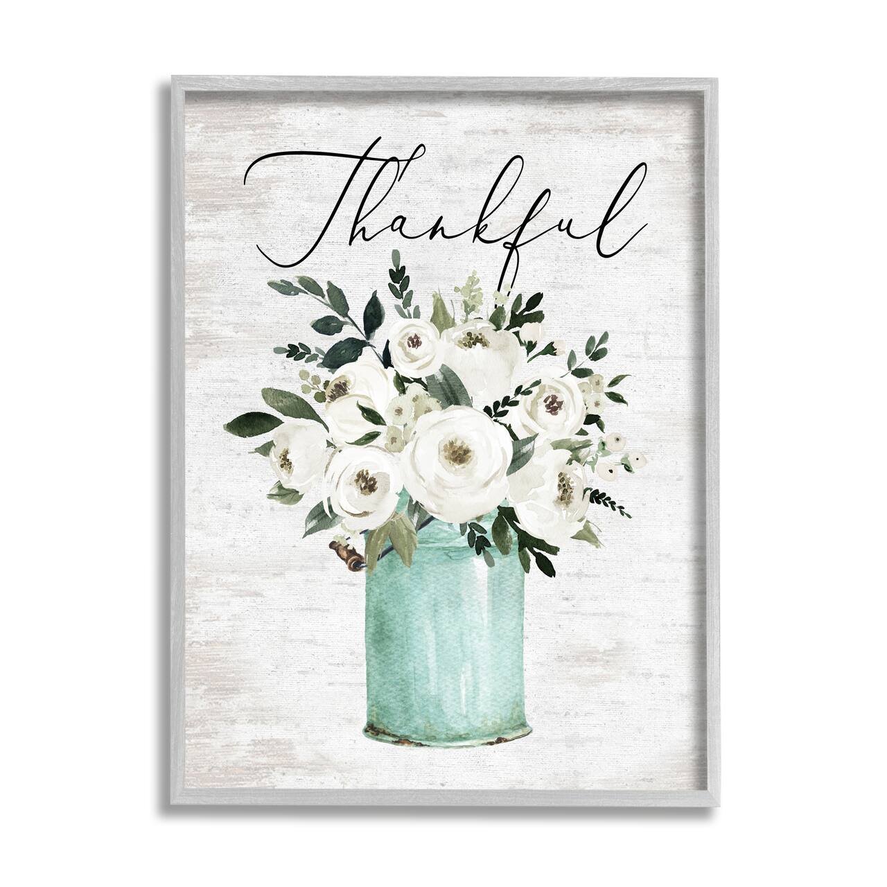 Stupell Industries Thankful Phrase White Ranunculus Floral Bouquet Milk Tin Framed Wall Art